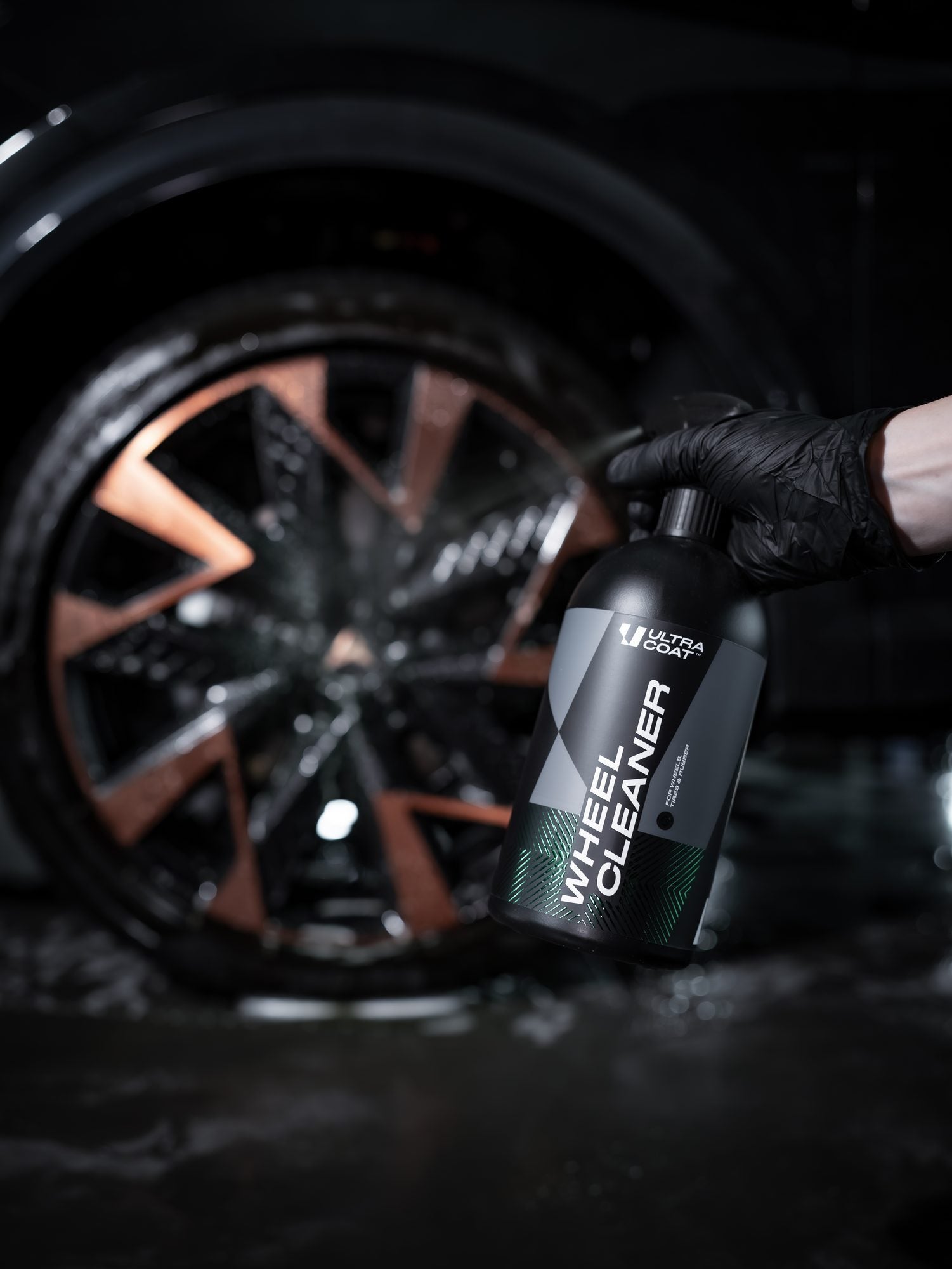 Ultracoat Wheel Cleaner applied to a bronze and black alloy wheel
