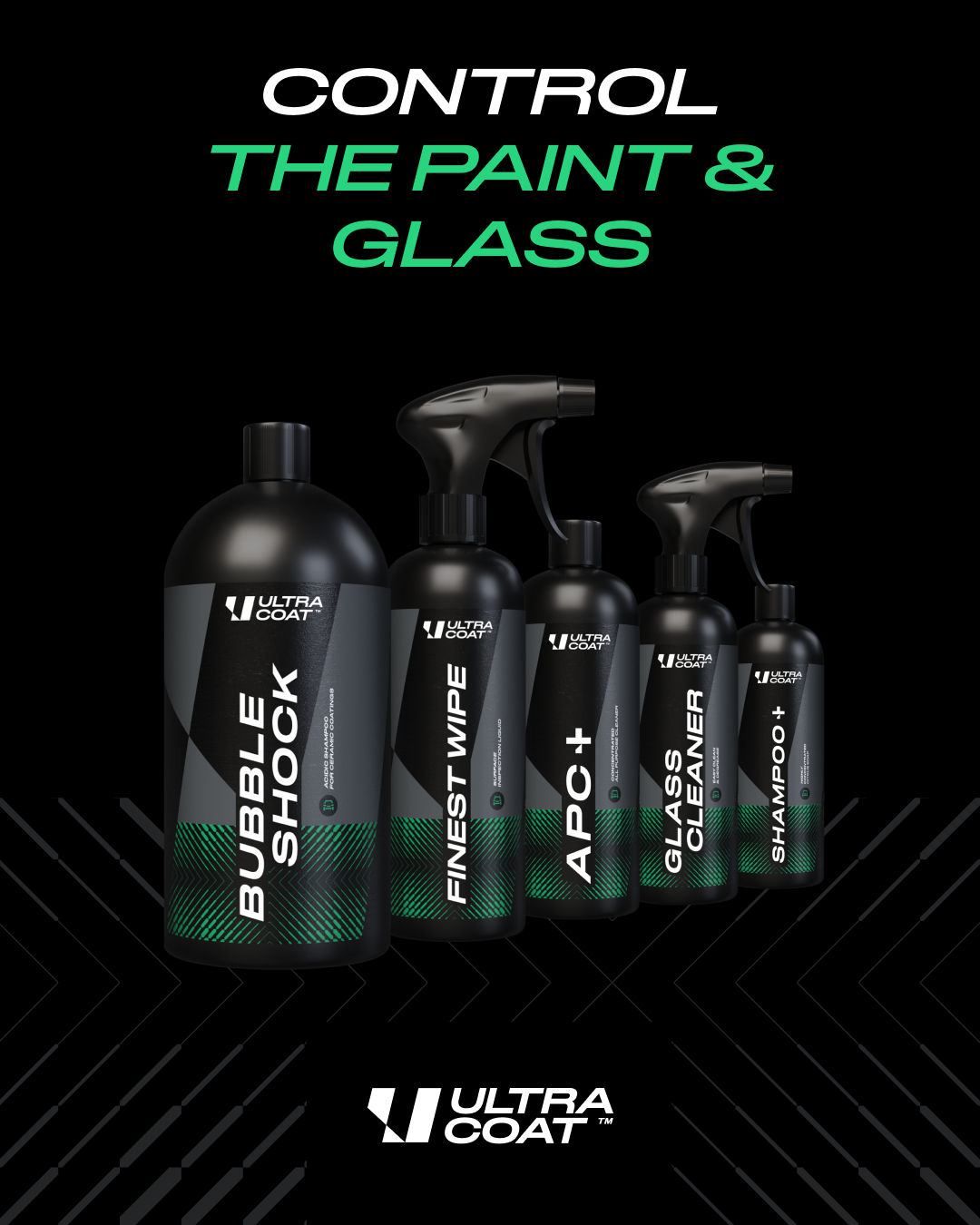 Ultracoat exterior care range: Bubble Shock, Finest Wipe, APC+, Glass Cleaner and Shampoo+